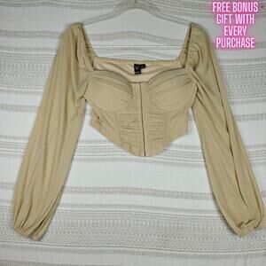 Windsor Beige Corset Long Sleeve Cropped Blouse Top Size Small